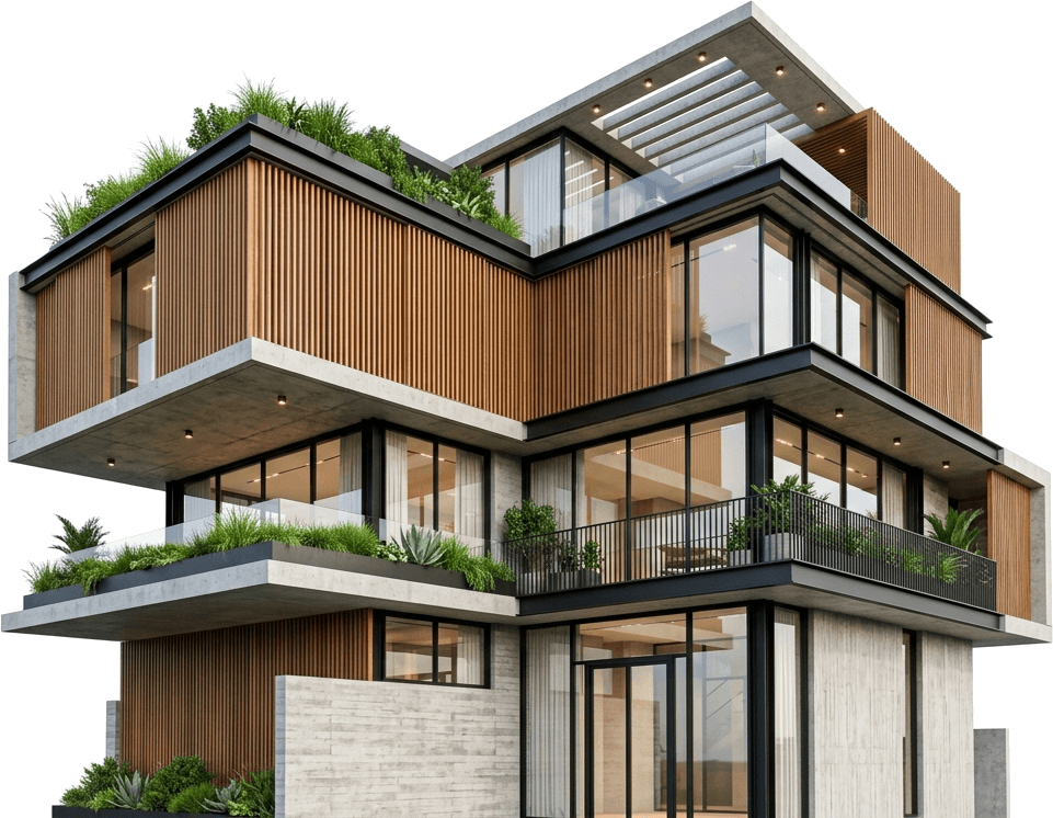 Contemporary luxury architectural villa with cantilevered concrete volumes, teak wood louvers, and glass balconies on transparent background